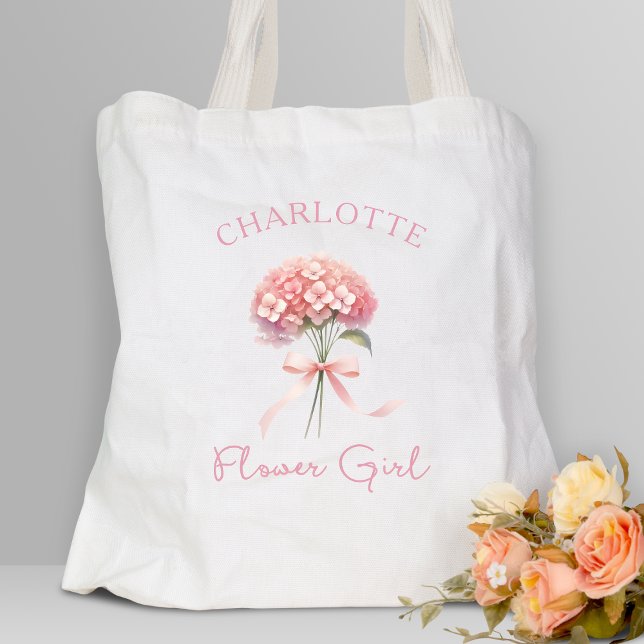 Personlig Rosa Hydrangea Bow Blommigt Flower Girl Tygkasse (Add a pop of floral elegance to your wedding with this custom flower girl tote—stylish and memorable)