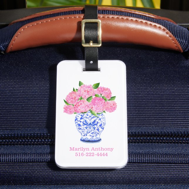 Personlig rosa hydrangea chinoiserie vas bagagebricka (Framsida Insitu 2)