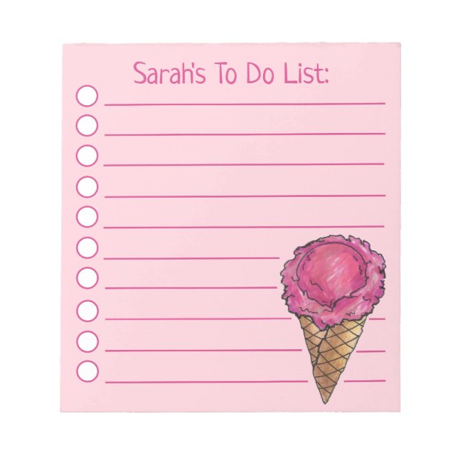 Personlig Rosa Ice Cream Cone to Do List Anteckningsblock (Framsida)
