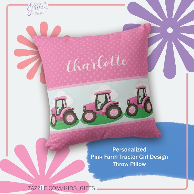 Personlig rosa jordbrukstraktor flickdesign kudde (Cute pink farm tractor design with a sweet girly feel and personalized name accent)