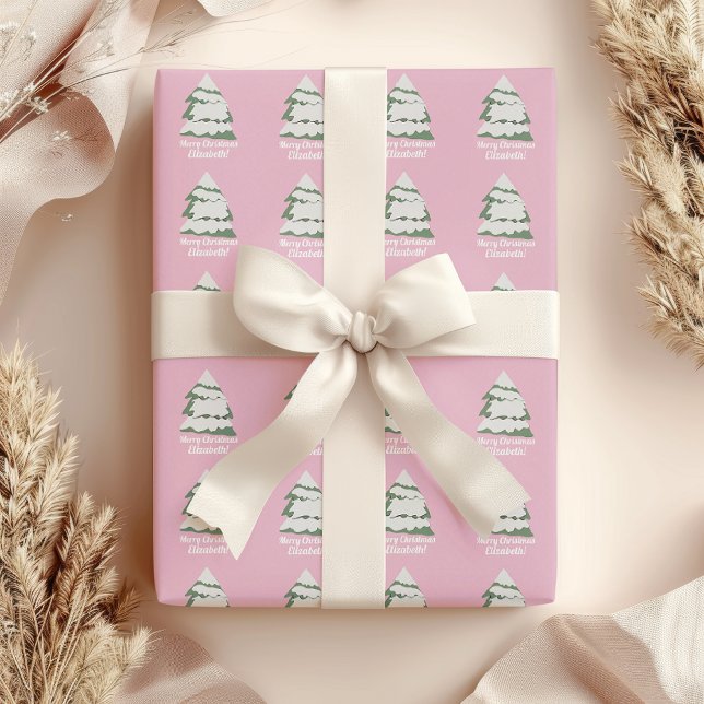Personlig Rosa Julgran Wrapping Papper Presentpapper (Pink Snow Christmas Tree Wrapping Paper)
