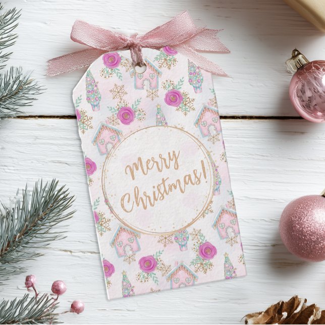 Personlig Rosa Julpepparkaka Jul Presentetikett (Pretty pastel pink gift tag)