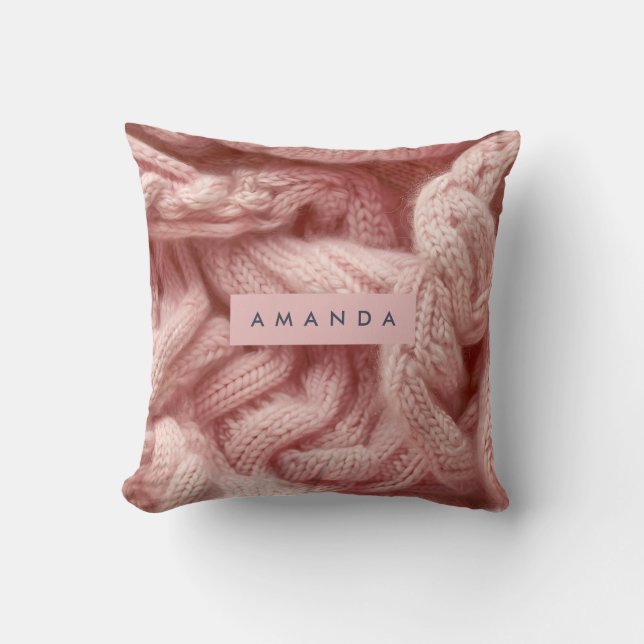 Personlig Rosa Kabelstickad Kudde (Framsida)