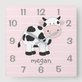 Personlig Rosa Kow Nursery Wall Clock Fyrkantig Klocka