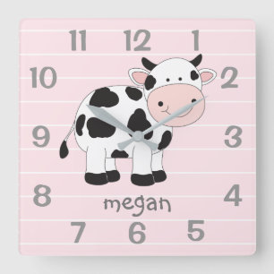 Personlig Rosa Kow Nursery Wall Clock Fyrkantig Klocka