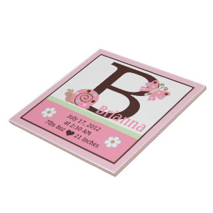Personlig Rosa Ladybug Birth Stats Tile Kakelplatta