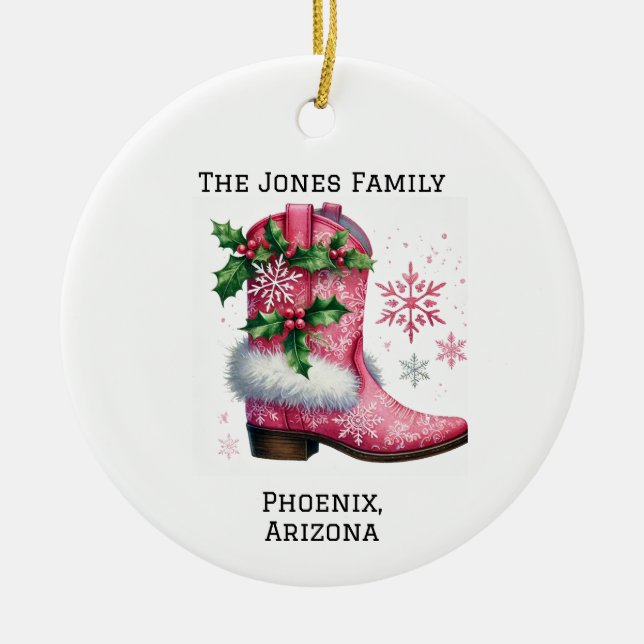 Personlig Rosa Land/Westerna Julafton CowboyBoot B Julgransprydnad Keramik (Framsidan)