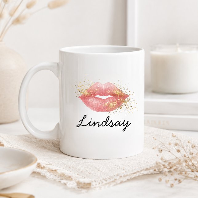 Personlig rosa läppar glitter kaffemugg (Personalized Pink Lips Glitter Coffee Mug)