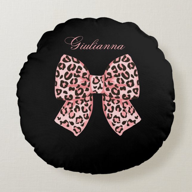 Personlig rosa leopardbåge rund kudde  (Framsidan)