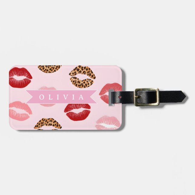 Personlig Rosa Leopardtryck Läppmönster Bagagebricka (Horisontell Framsida)