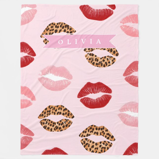Personlig Rosa Leopardtryck Läppmönster Fleecefilt (Framsidan)