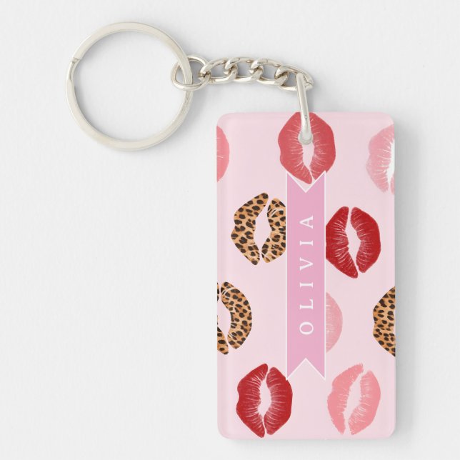 Personlig Rosa Leopardtryck Läppmönster Nyckelring (Framsidan)