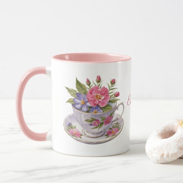Personlig rosa lila blommor tekoppmugg mugg (Med munk)