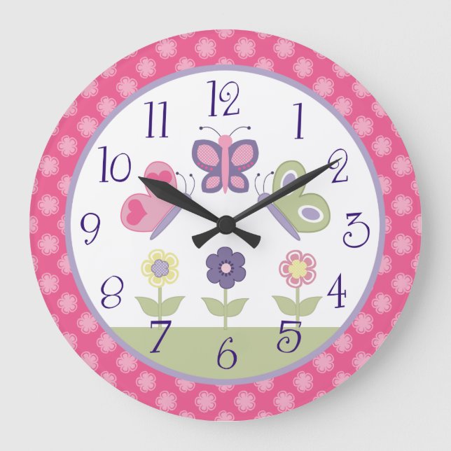 Personlig Rosa & Lila Butterfly Nursery Clock Stor Klocka (Framsida)