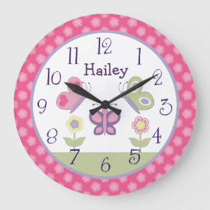 Personlig Rosa & Lila Butterfly Nursery Clock Stor Klocka