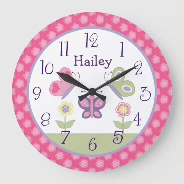Personlig Rosa & Lila Butterfly Nursery Clock Stor Klocka (Framsida)