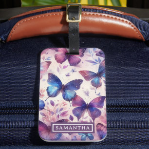 Personlig Rosa Lila Watercolor Butterfly Bagagebricka