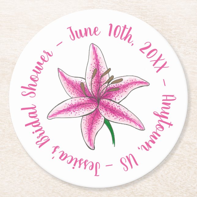 Personlig rosa lilja bröllops blomma underlägg papper rund (Framsidan)