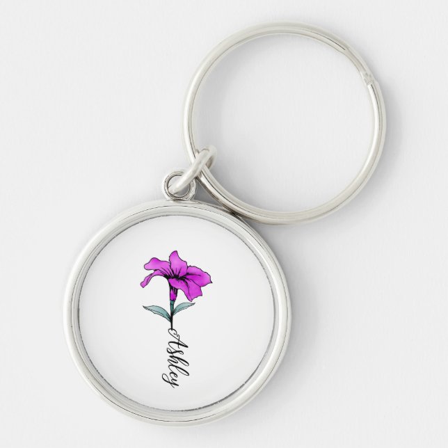 Personlig Rosa Lily Flower Rund Silverfärgad Nyckelring (Framsidan)