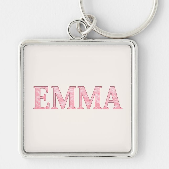 Personlig Rosa Marmor EMMA Fyrkantig Silverfärgad Nyckelring (Framsidan)