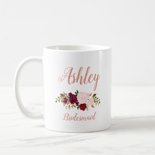 Personlig rosa Marsala blombrudtärna Kaffemugg (Vänster)