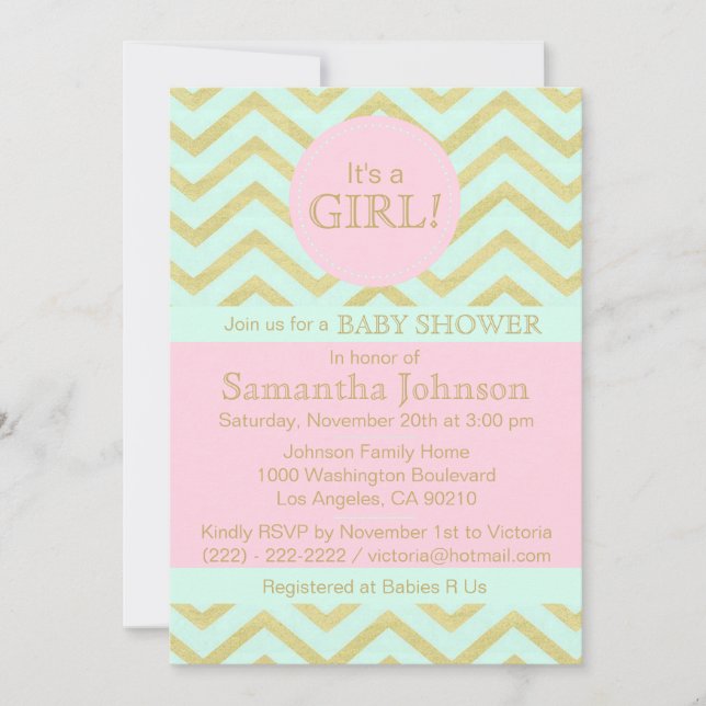 Personlig Rosa Mint Grönt Guld Baby Shower Girl Inbjudningar (Framsida)
