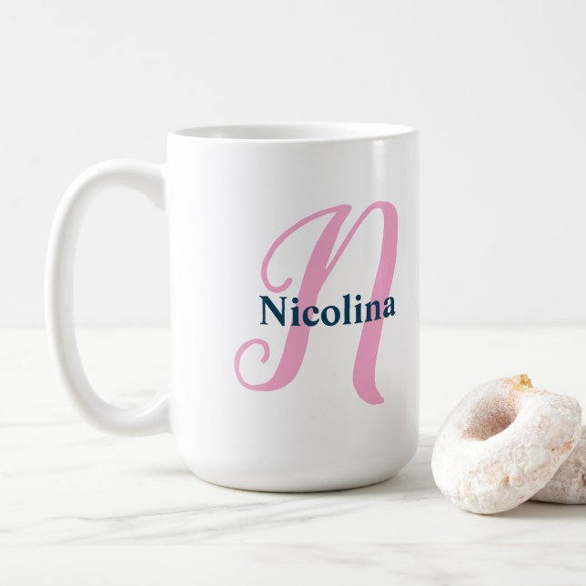 Personlig Rosa Monogram Brev N Anpassat namn Kaffemugg (Med munk)