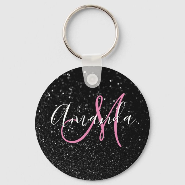 Personlig rosa monogram falskt svart glitter nyckelring (Framsida)