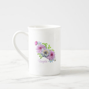 Personlig rosa och blå blomster benporslin mugg