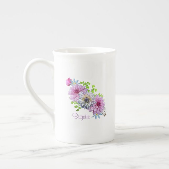 Personlig rosa och blå blomster benporslin mugg (Vänster)