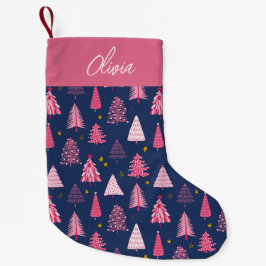 Personlig rosa och blå julgransmönster liten julstrumpa