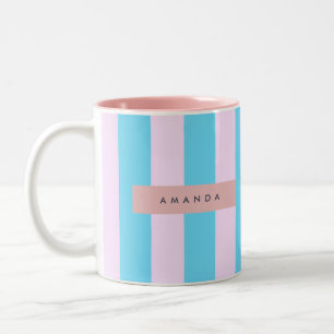 Personlig rosa och blå randig Två-Tonad mugg