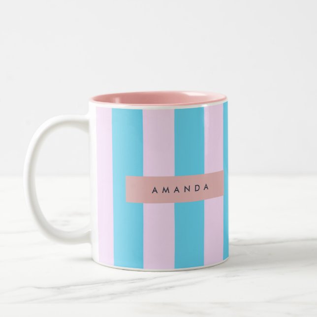 Personlig rosa och blå randig Två-Tonad mugg (Vänster)
