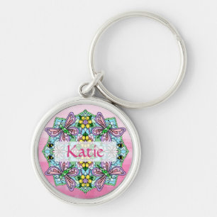 Personlig Rosa och Blue Butterfly Mandala Rund Silverfärgad Nyckelring