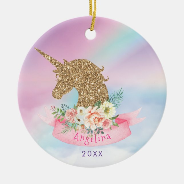Personlig Rosa och Faux Guld Glitter Unicorn Julgransprydnad Keramik (Framsidan)