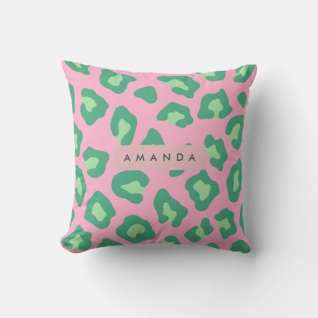Personlig Rosa och Grön Leopardskrivning Kudde (Framsida)