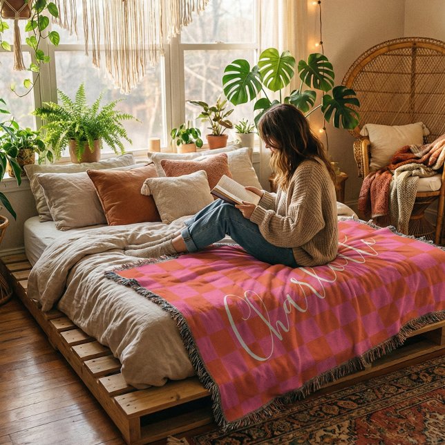 Personlig Rosa och Orange Checkboard Mönster  Filt (Skapare uppladdad)