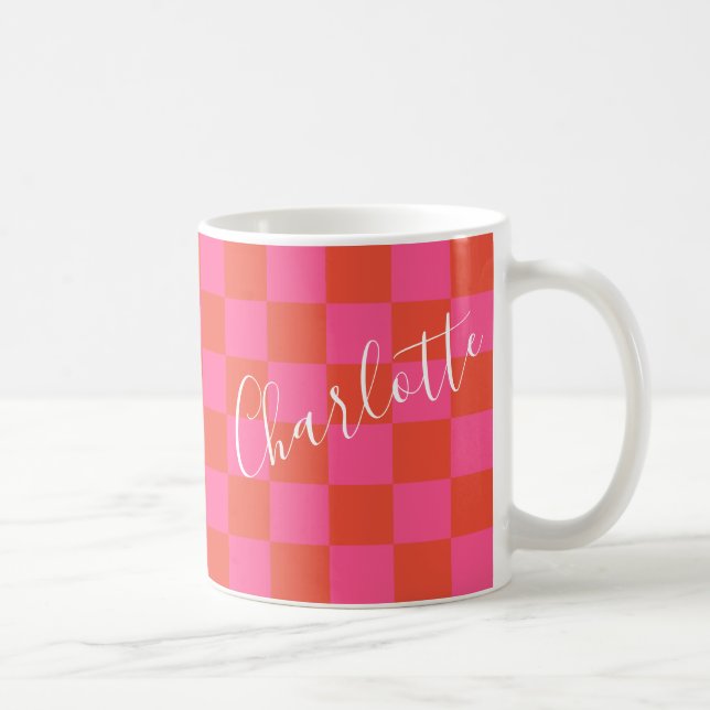 Personlig Rosa och Orange Checkboard Mönster  Kaffemugg (Höger)