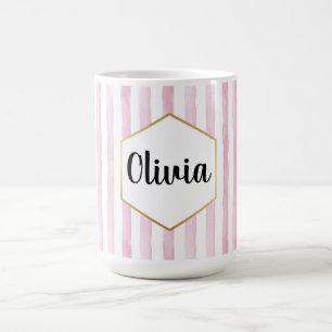 Personlig rosa och vit randig kaffemugg