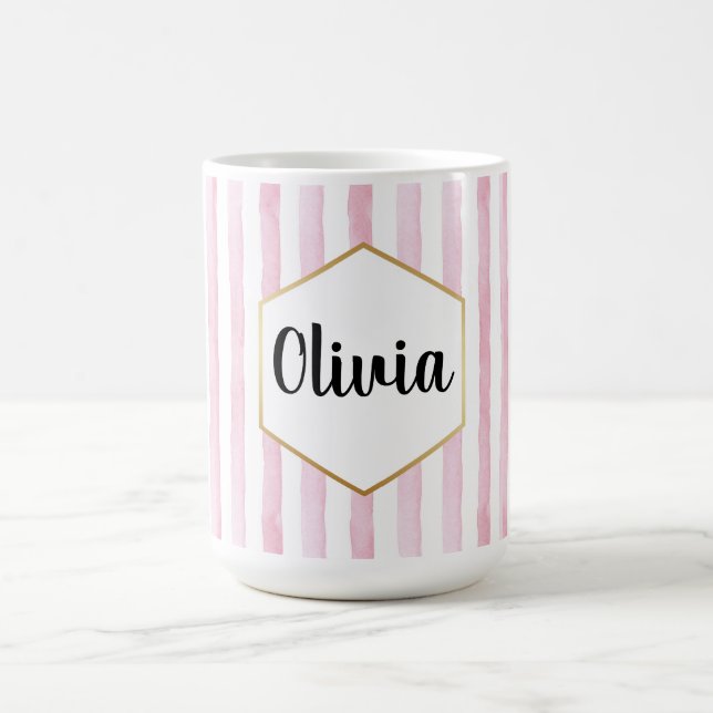 Personlig rosa och vit randig kaffemugg (Center)