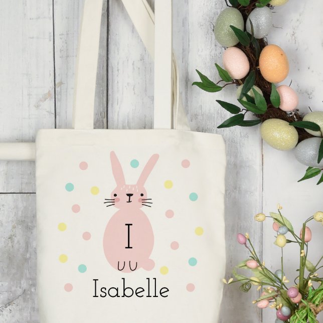 Personlig Rosa Påskhare Polka dots Tote Bag Tygkasse (Skapare uppladdad)
