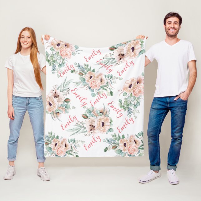 Personlig Rosa Peonies Fleece Blanket (På plats)