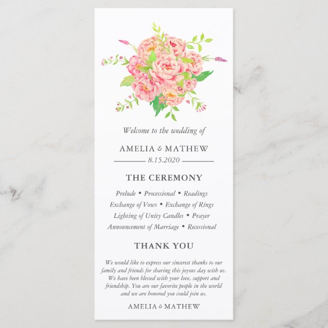 Personlig Rosa Peony Bröllop Program (Framsida)