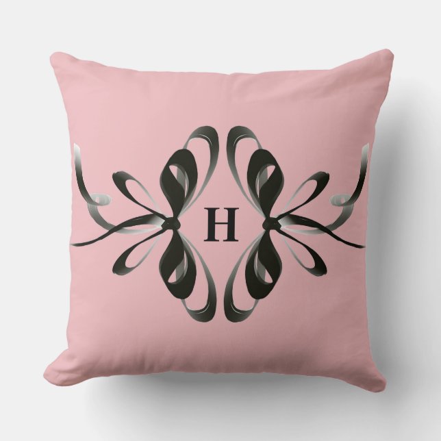 Personlig Rosa Pillow med Black Bow Monogram Kudde (Framsida)