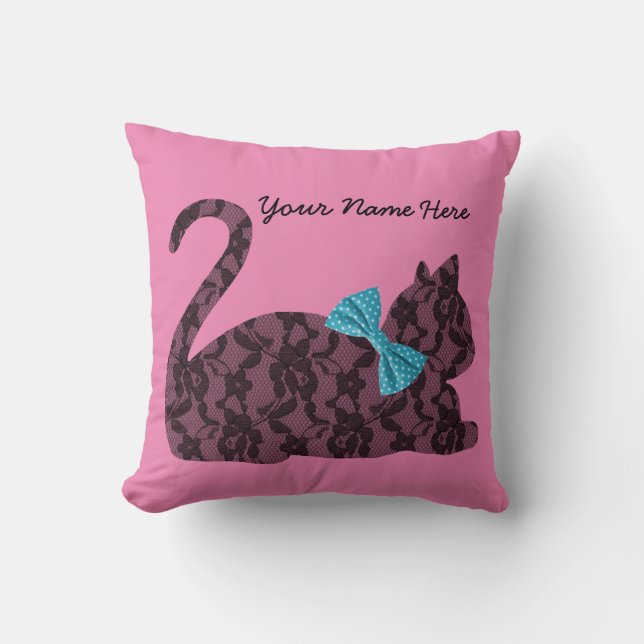 Personlig Rosa Pillow med Black Snöre Cat Kudde (Framsida)