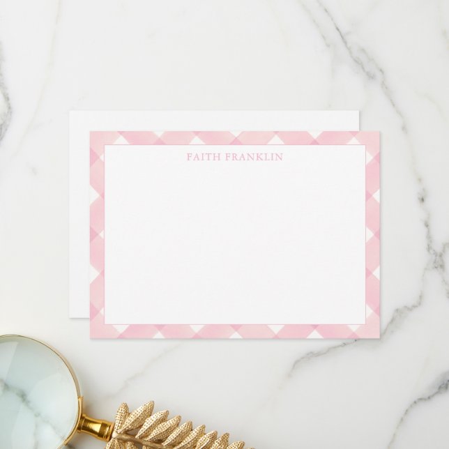 Personlig Rosa Play Gingham Baby Stationery Tack Kort (Fram/Back In Situ)