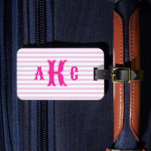 Personlig Rosa Preppy Monogram Randig Tjejaktig Bagagebricka
