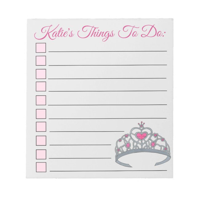 Personlig Rosa Princess Tiara Sak to Do List Anteckningsblock (Framsida)
