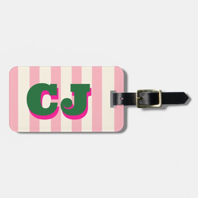 Personlig rosa randig monogram, anpassad initial  bagagebricka (Horisontell Framsida)