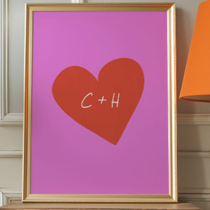 Personlig Rosa Red Heart Kärlek Par Initialer Poster